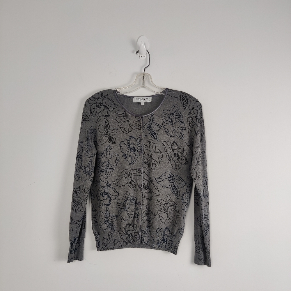 Women's Simons Floral Cashmere Blend Button Down Cardigan Size Small Gray Blue